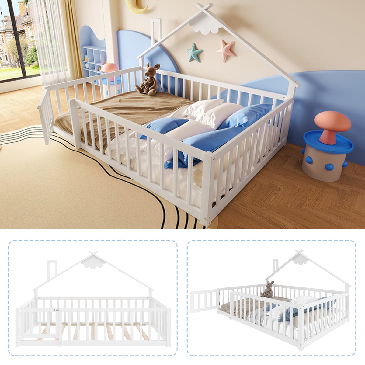 Children's Flatbed with House Rail and Locking Railing, 140x190 cm, White Pine Wood