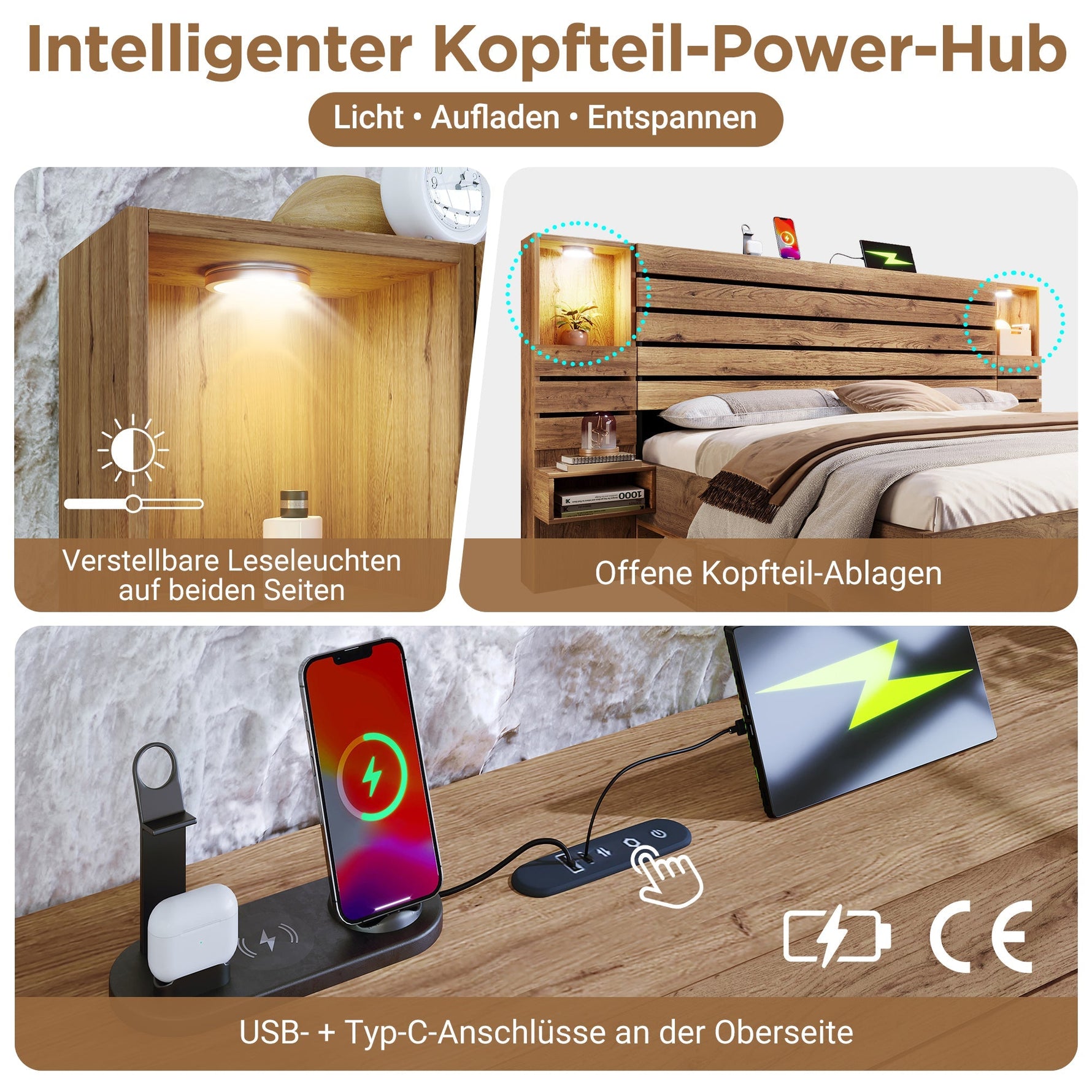 Wooden Double Bed with LED Downlights, USB-C, Floating Bedside Tables and Drawers, 180x200cm, Oak Look