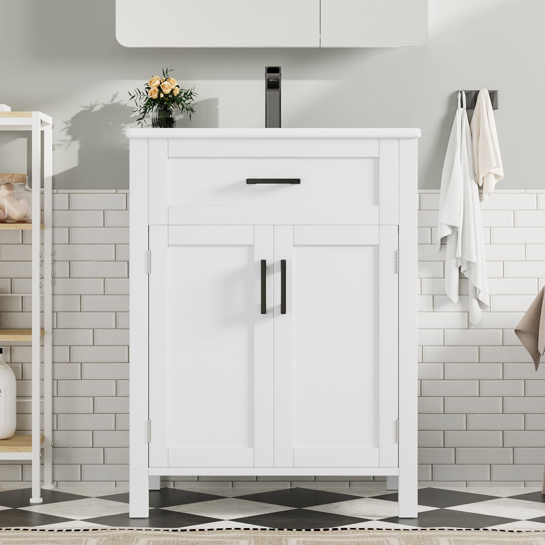 Bathroom Vanity Unit with Ceramic Sink and Adjustable Shelves, White