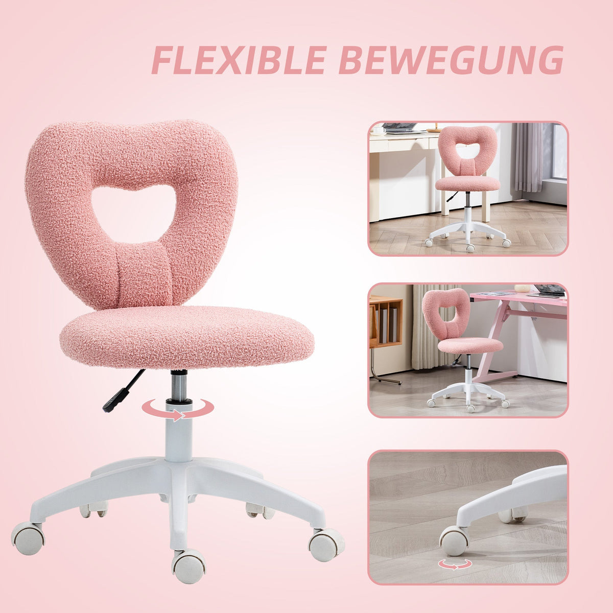 Swivel Desk Chair Height-Adjustable Heart Back, Teddy Fleece Pink