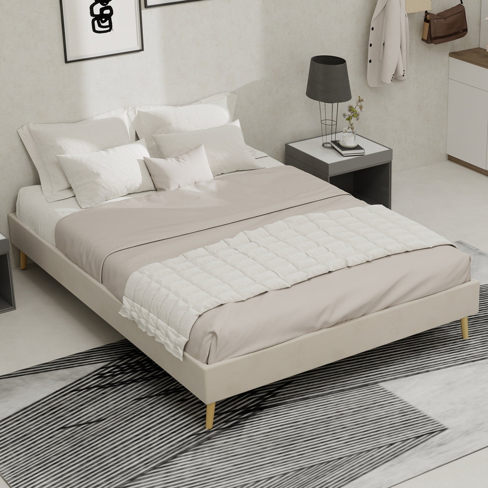 Modern Minimalist Bed Frame 140x200 Low-Profile Dutch Velvet, Beige