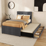 Upholstered Bed 90x200cm Pull-out Trundle 3 Drawers Adjustable Headboard - Grey