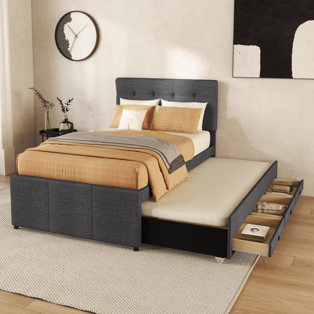 Upholstered Bed 90x200cm Pull-out Trundle 3 Drawers Adjustable Headboard - Grey