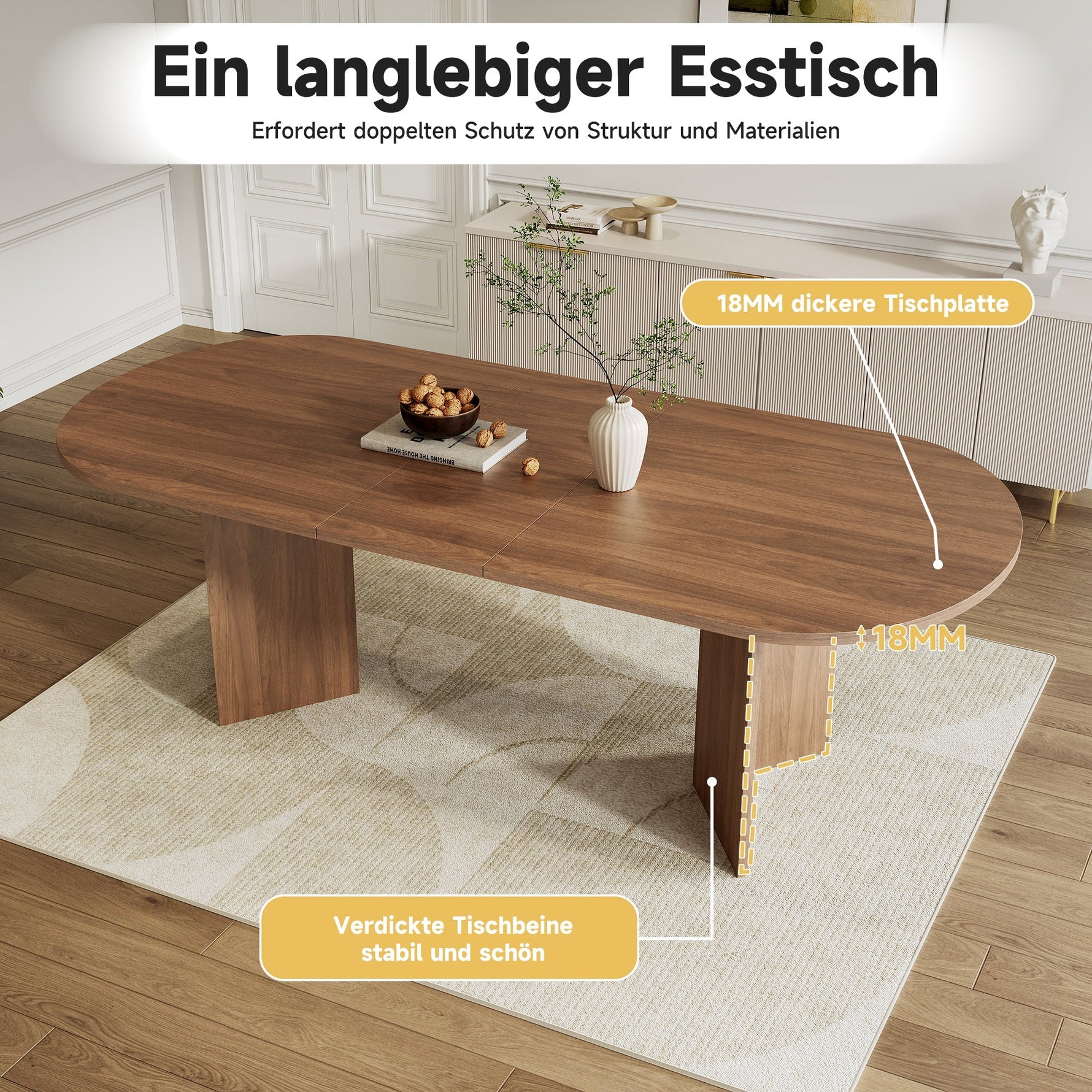 Extendable Dining Table, 160/200x90cm, for 6-8 People, Rounded Corners and Thickened Tabletop, Walnut