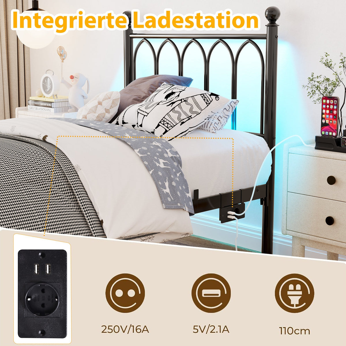 Metal Bed Frame with USB, LED, Vintage Headboard and Footboard, Black