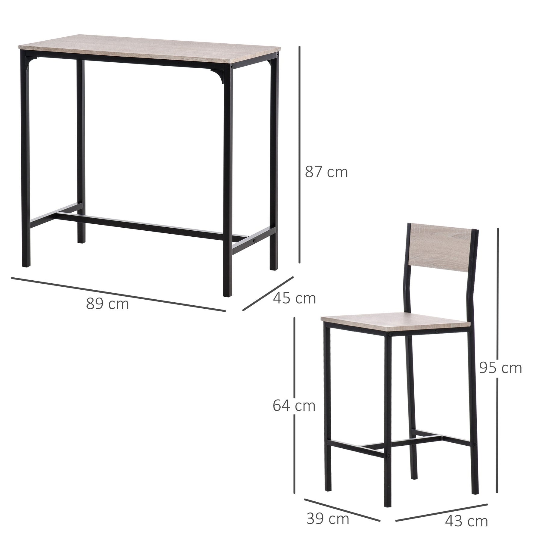 Bar Table with 2 Chairs, 3-Piece Set, MDF, Natural and Black