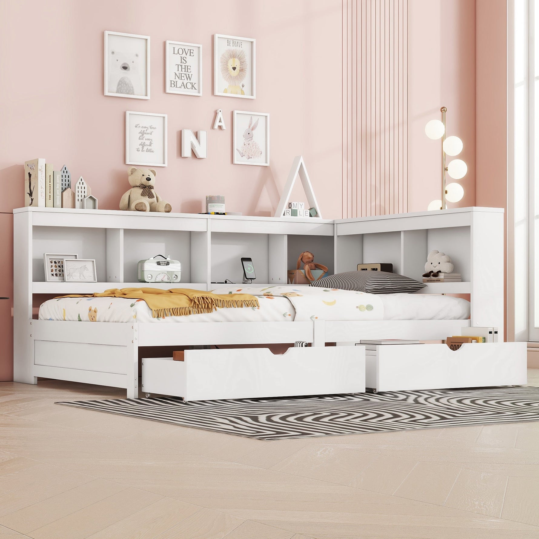 Daybed Sofa Bed 90x200cm 2 Drawers Power Outlet USB - White Chipboard