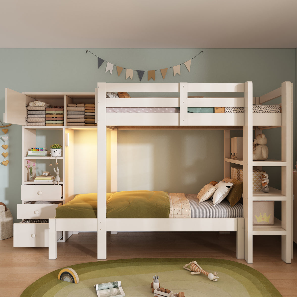 Bunk Bed 90x200 cm with Wardrobe & Storage Drawers, White