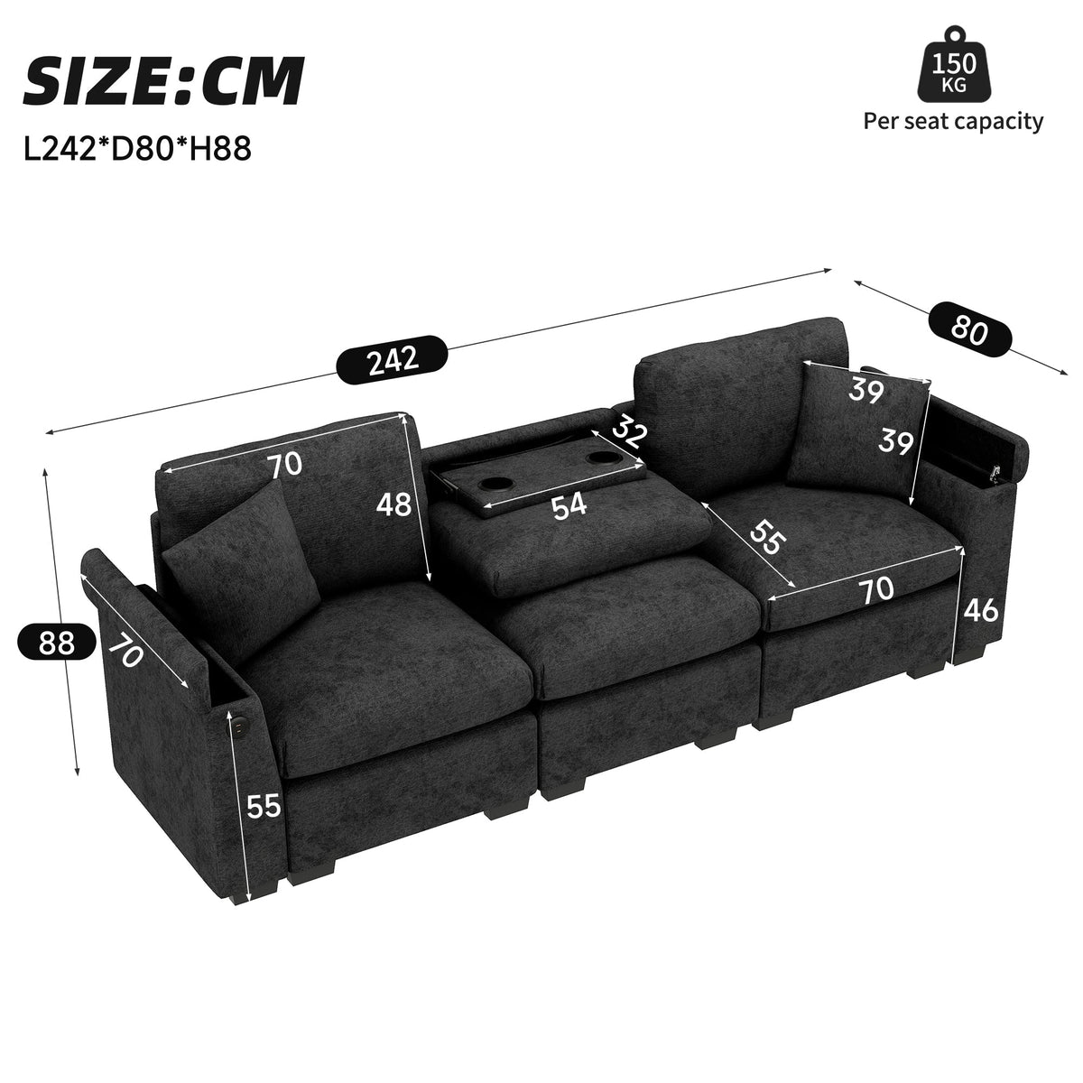 Three-Seater Sofa Multifunctional Folding Table USB Storage - Chenille