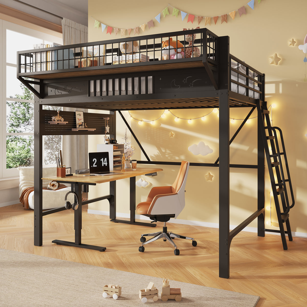 Loft Bed 140x200 cm with Storage Compartments, Black Metal