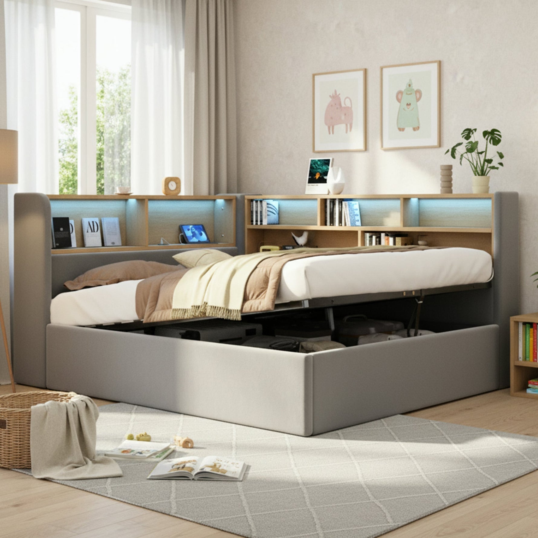 Daybed with Hydraulic Storage, LED, USB and Backrest, Grey Velvet