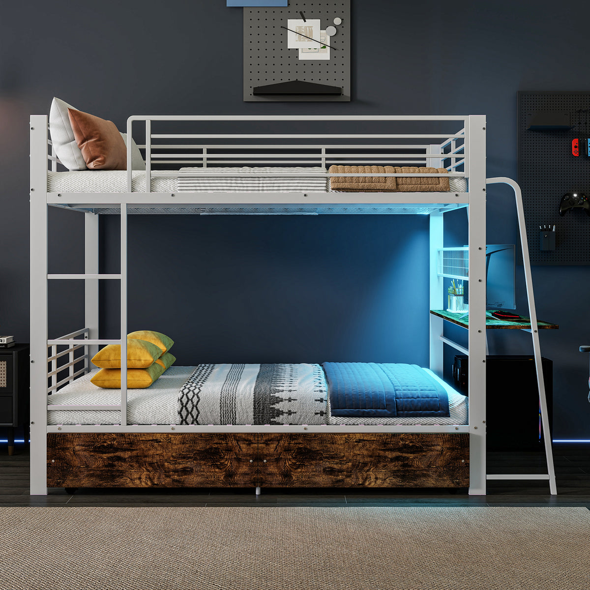 Loft Bed 140x200 cm with Desk, 2 Drawers & LED, White Metal
