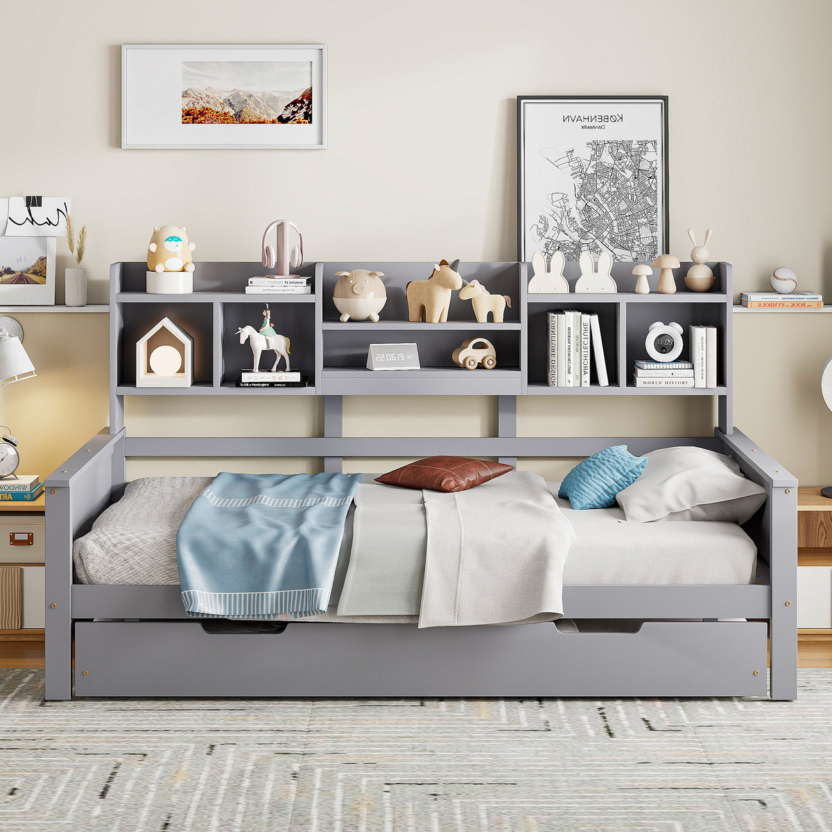 Extendable Sofa Bed 90x200cm with Storage, Grey Solid Wood