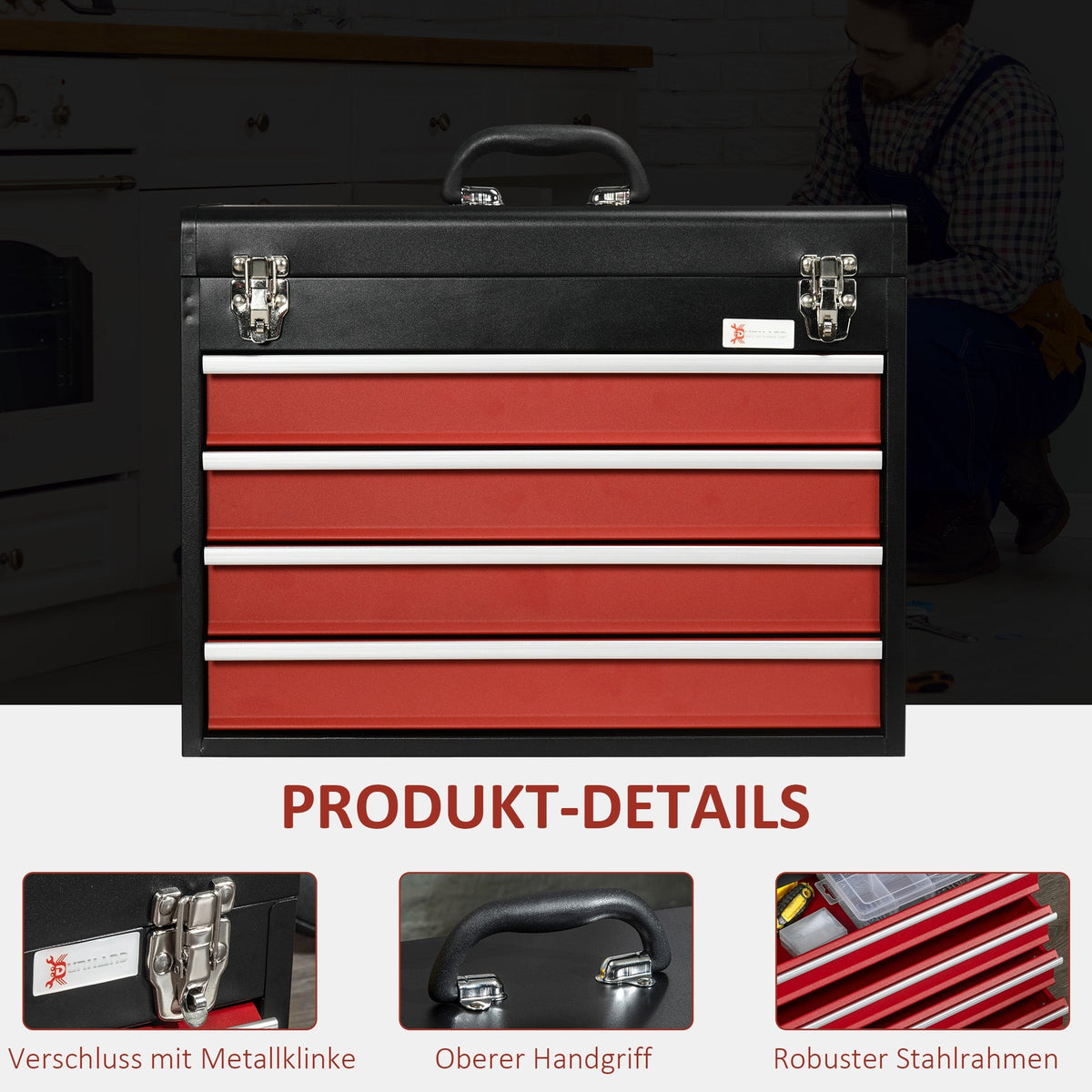 DURHAND tool case 4 drawers lock, steel black and red