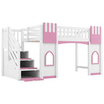 Loft Bed with Storage Stairs and Window, 90x200cm, White and Pink Pine Wood + MDF