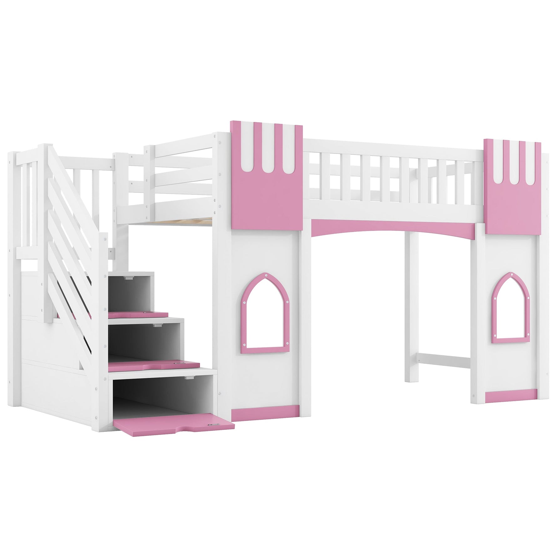 Loft Bed with Storage Stairs and Window, 90x200cm, White and Pink Pine Wood + MDF