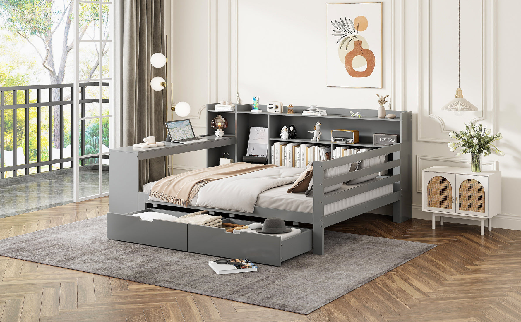 Sofa Bed, Multifunctional 140x200cm with Desk Storage & Power Outlet, Solid Wood Grey