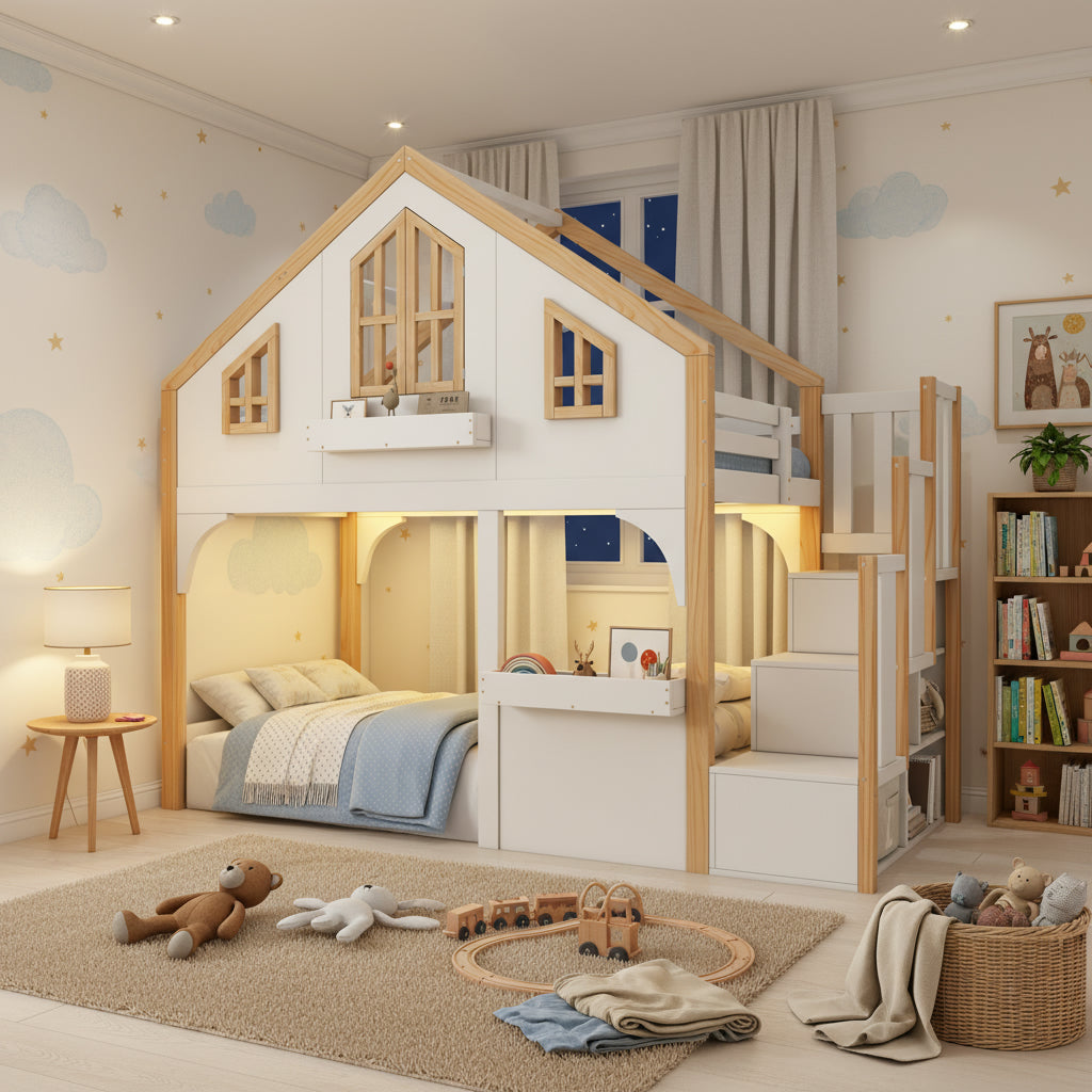 House Bunk Bed 90x200cm with LED & Storage Stairs, White+Natural