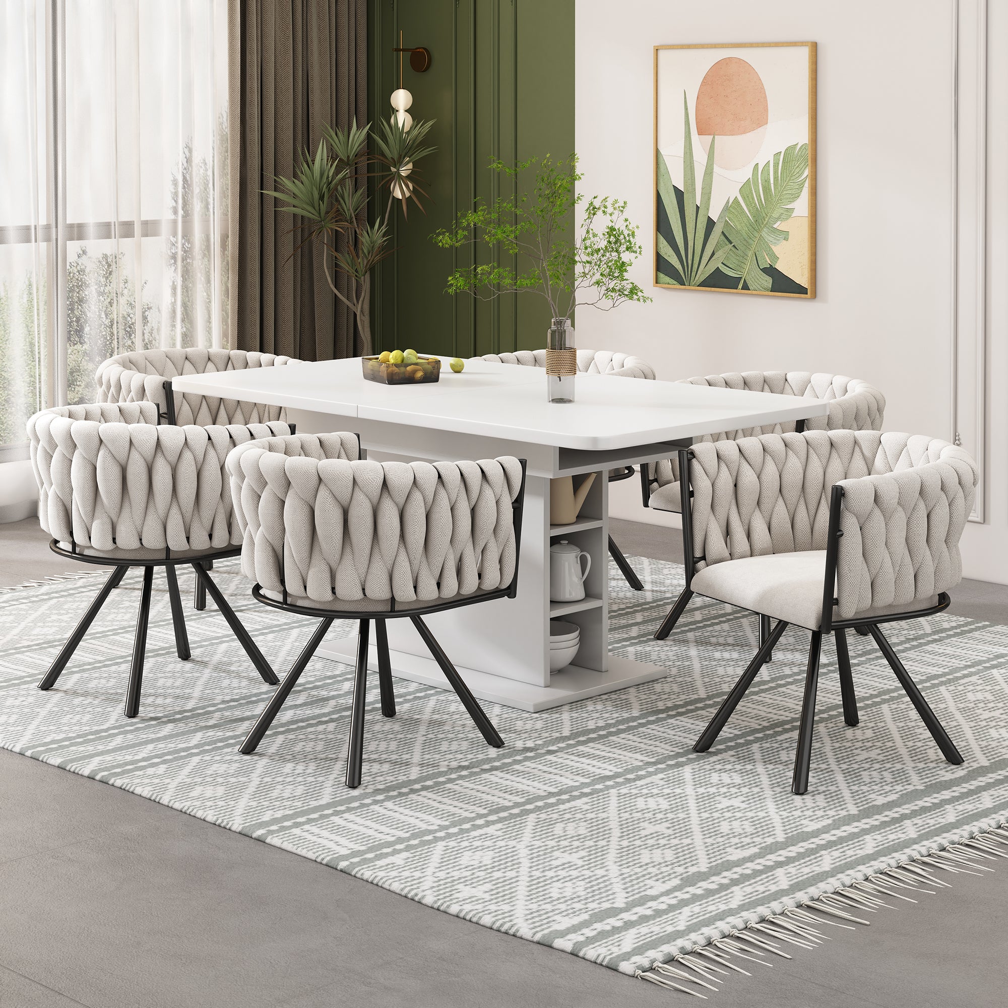 Linen Dining Swivel Chairs, Set of 6, Leisure Armchair with Metal Legs, Beige and Black Linen