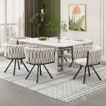 Linen Dining Swivel Chairs, Set of 6, Leisure Armchair with Metal Legs, Beige and Black Linen