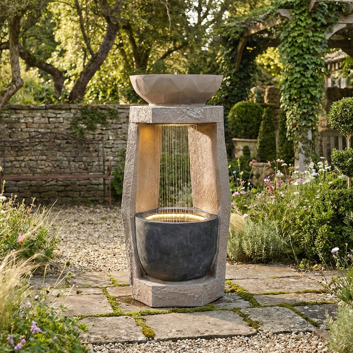 Garden Fountain with LED Lighting, Water Pump and Decorative Basin, Artificial Stone Beige