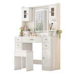 Dressing table with adjustable LED lighting, power outlets, mirror, 6 drawers, 4 doors, white