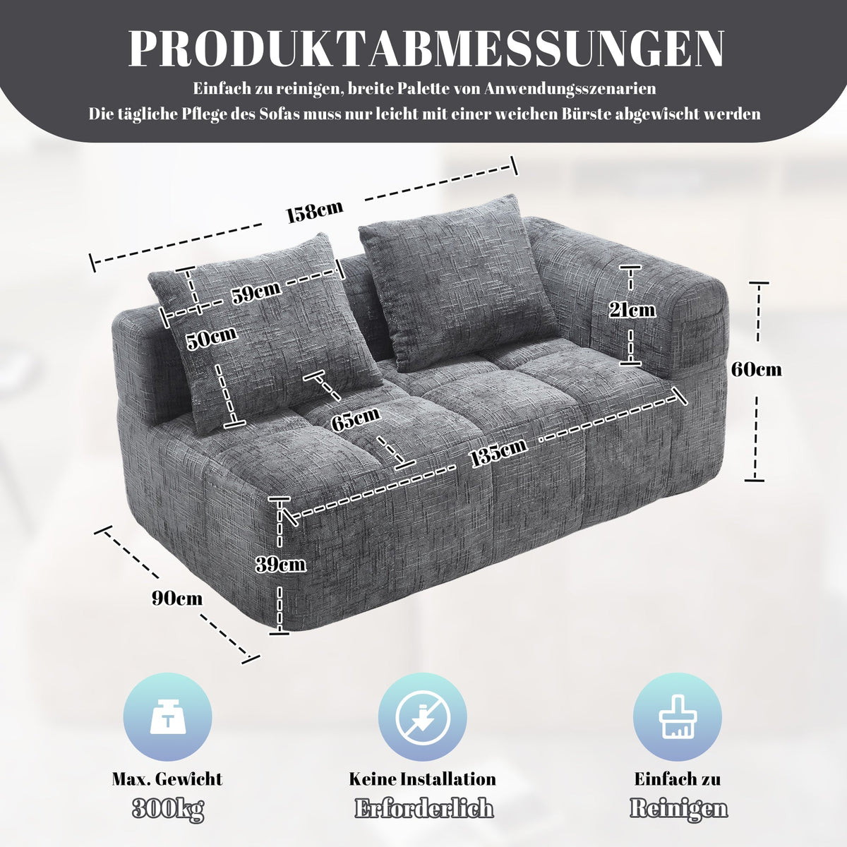 Sofa, Plush 2-Person No Assembly Side Pockets, Grey
