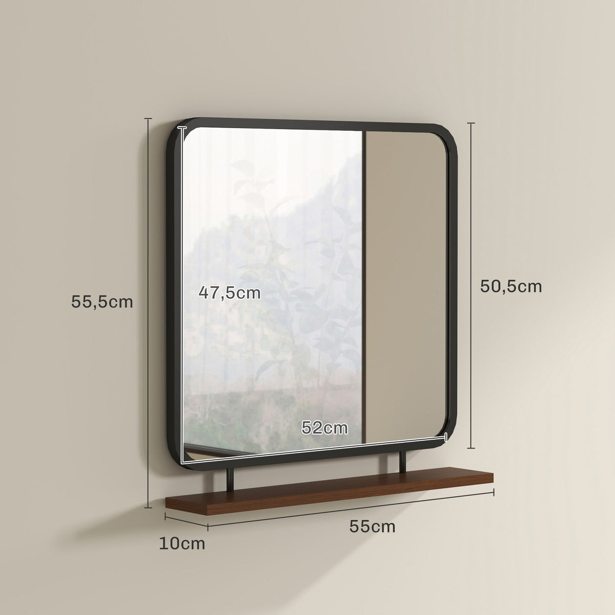 Wall Mirror with Wooden Shelf, Rectangular, Black