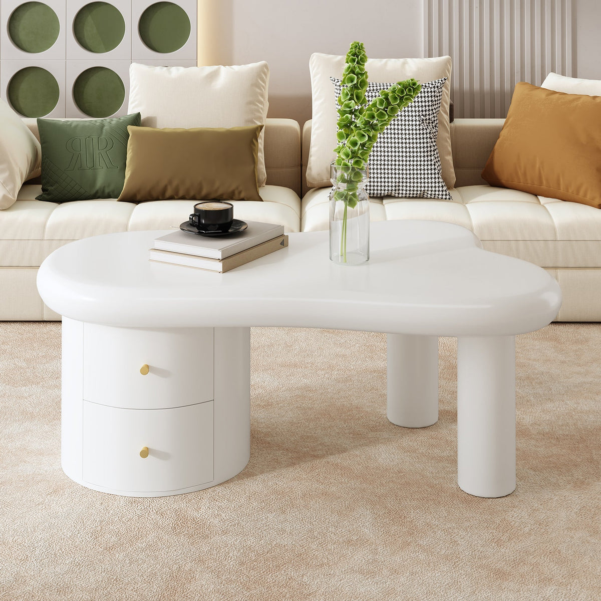 Coffee Table, Irregular Shape 2-Drawer Space-Saving Stylish Stable, White
