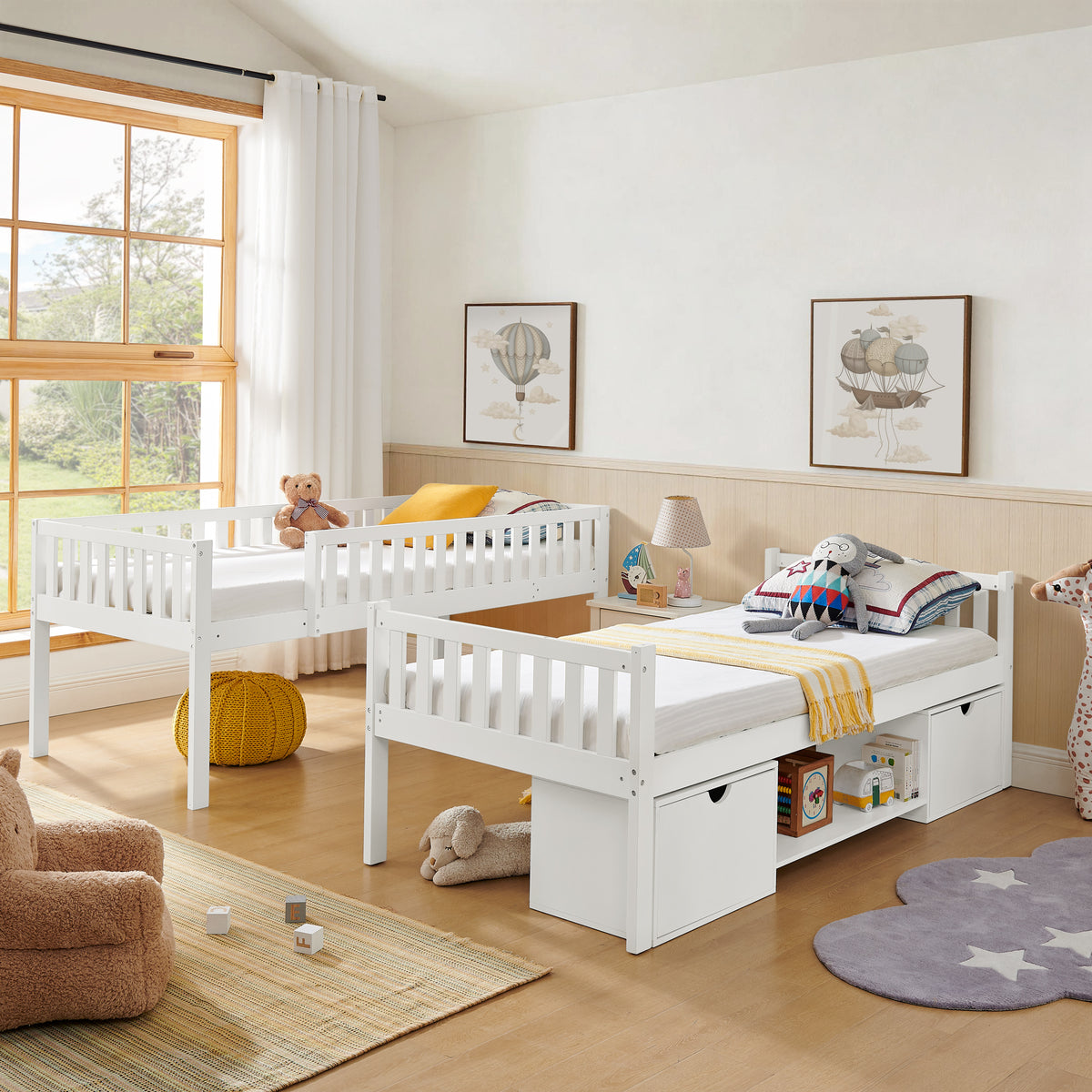 Children's Bunk Bed 90x200cm with Storage Drawers, White Pine Wood