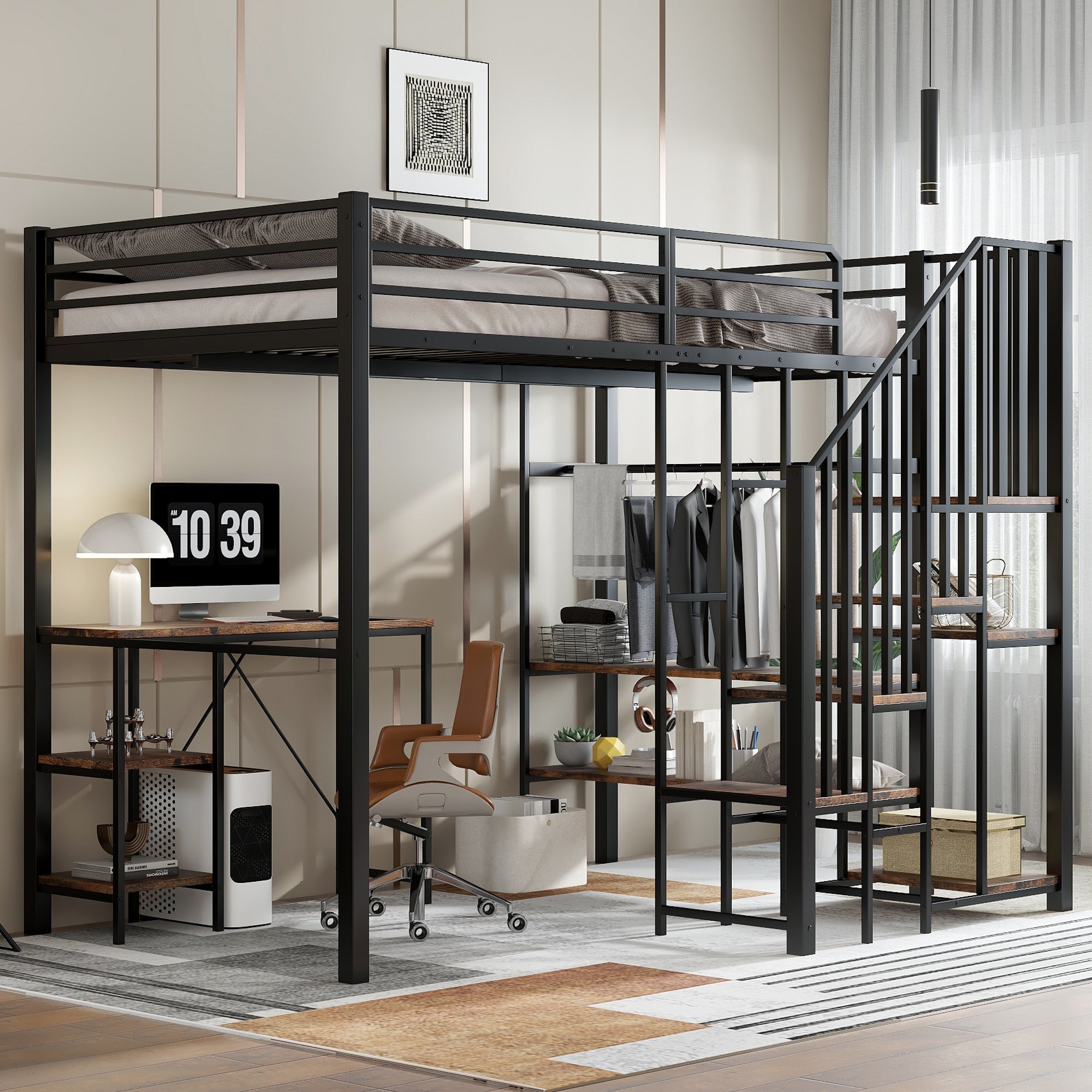 Iron Bunk Bed, 120x200cm Corner Ladder Storage Table, Iron/MDF Black/Vintage Wood