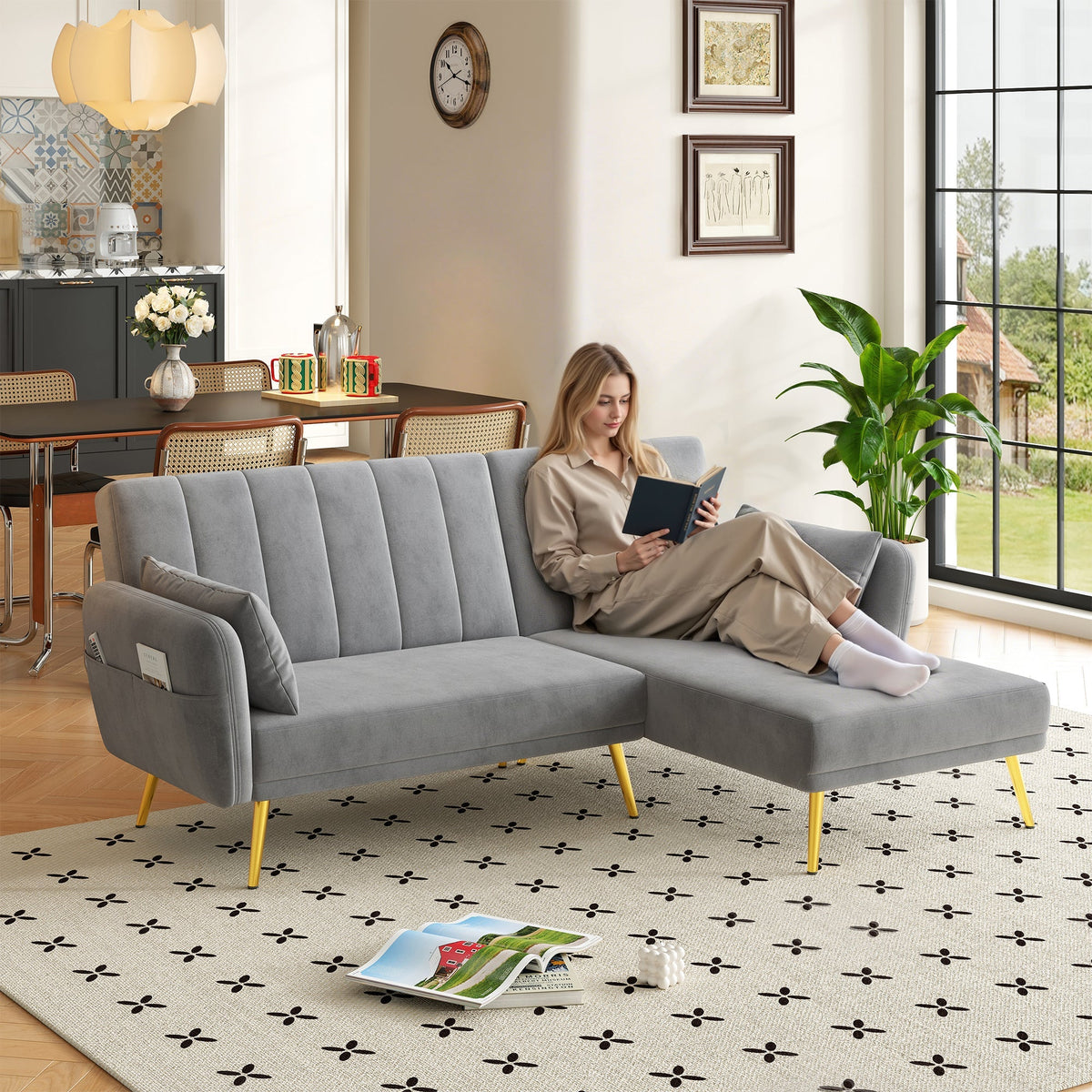 Modern L-Shaped Fold-Out Sleeper Sofa with 3-Position Adjustable Backrest, Velvet