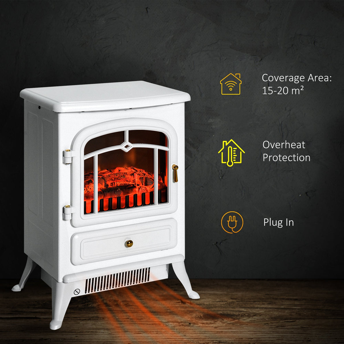 Electric Fireplace, Flame Effect 950/1850W Overheating Protection, White
