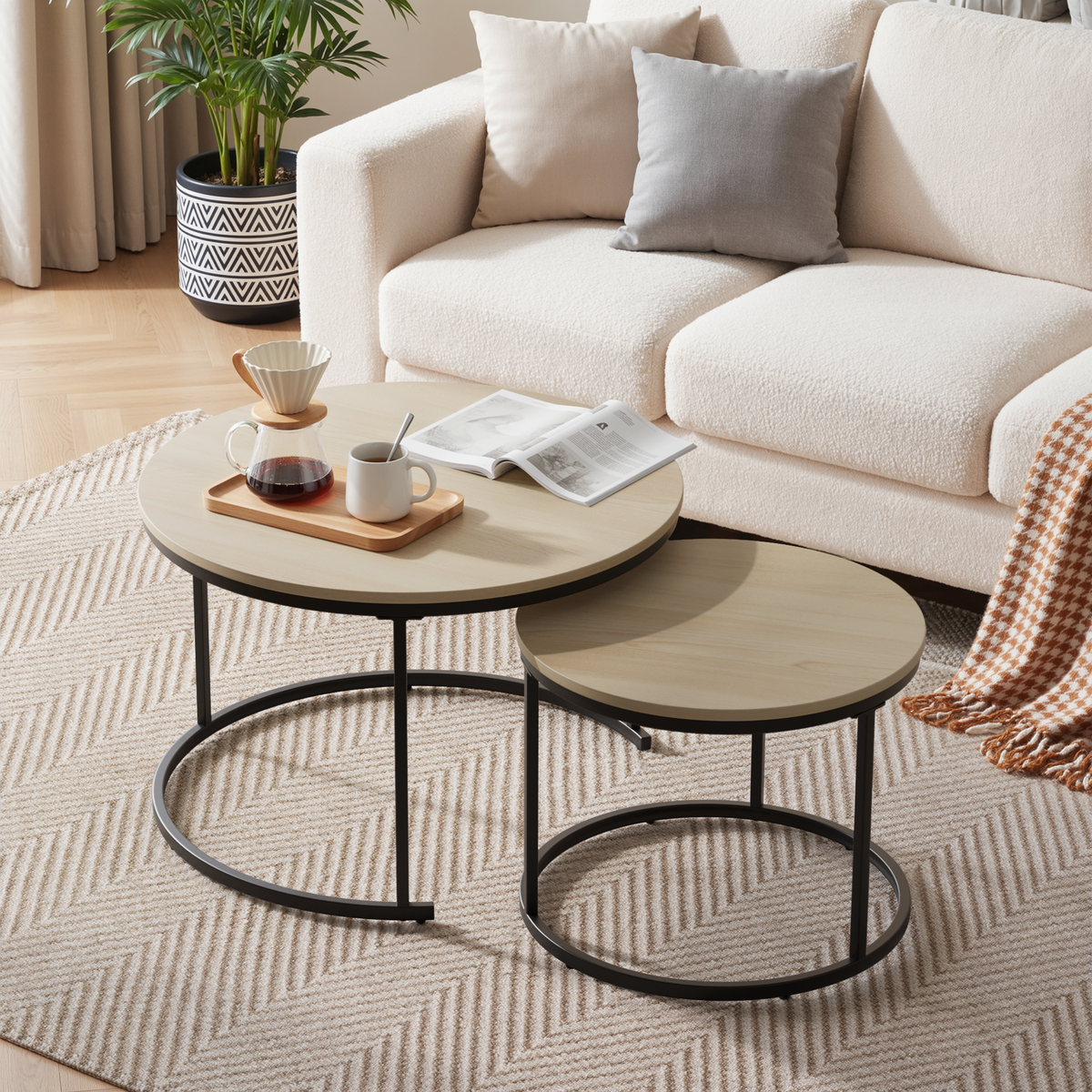 Nesting Coffee Table Set, Two-Piece Round 70cm Diameter with Metal Frame, Oak Wood Veneer