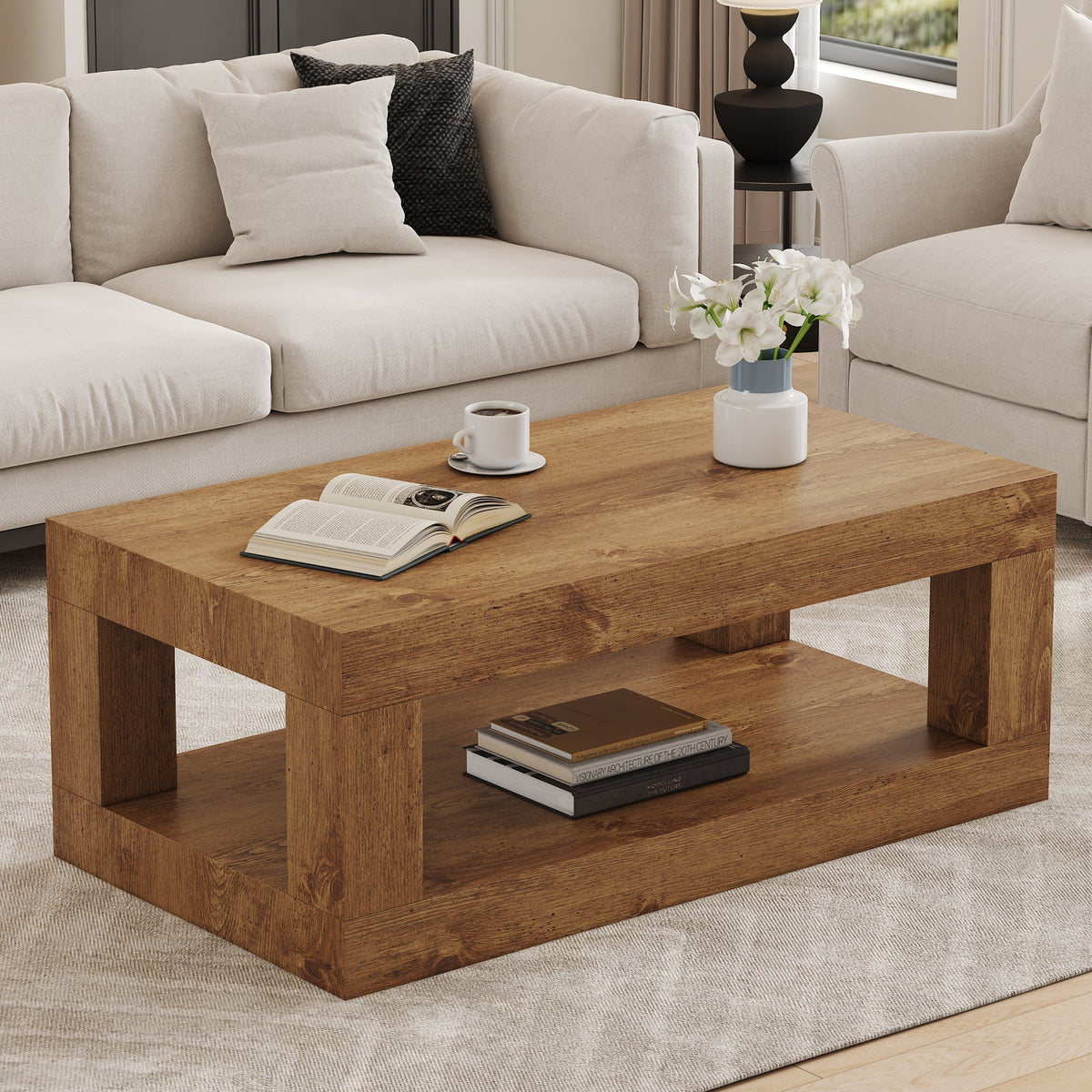 Modern 2-Tiered Coffee Table with Rectangular Open Storage Shelf, MDF