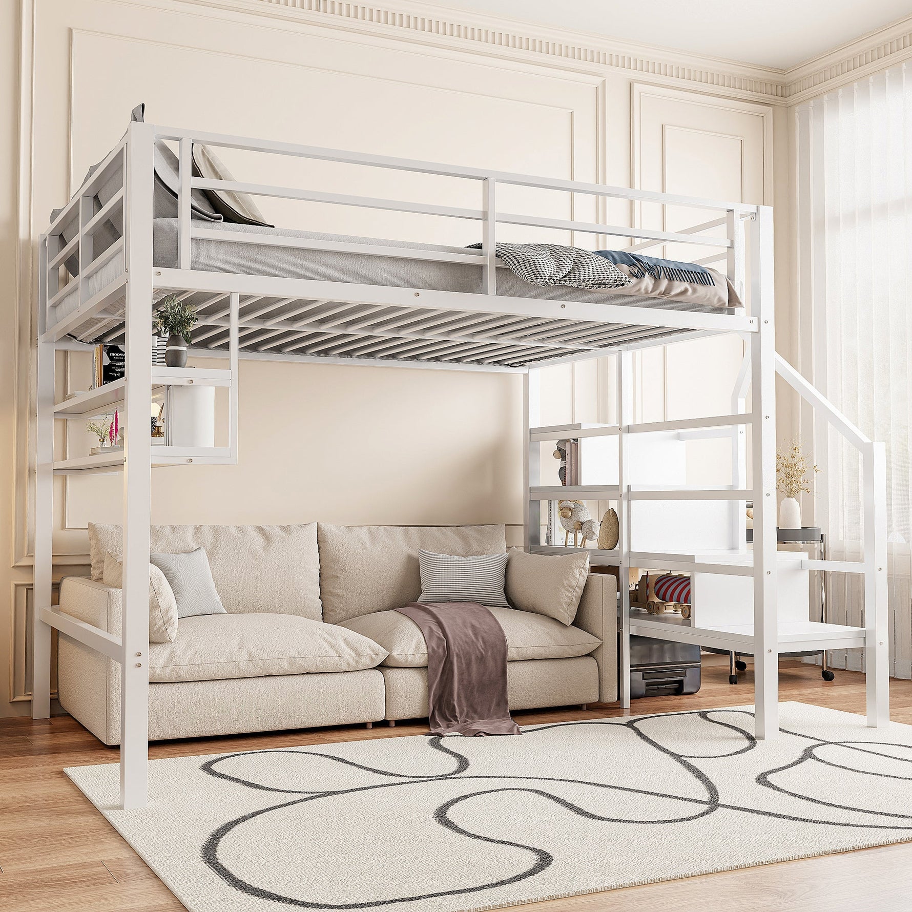 Loft Bed with Storage Ladder and Shelves, 140x200cm, White