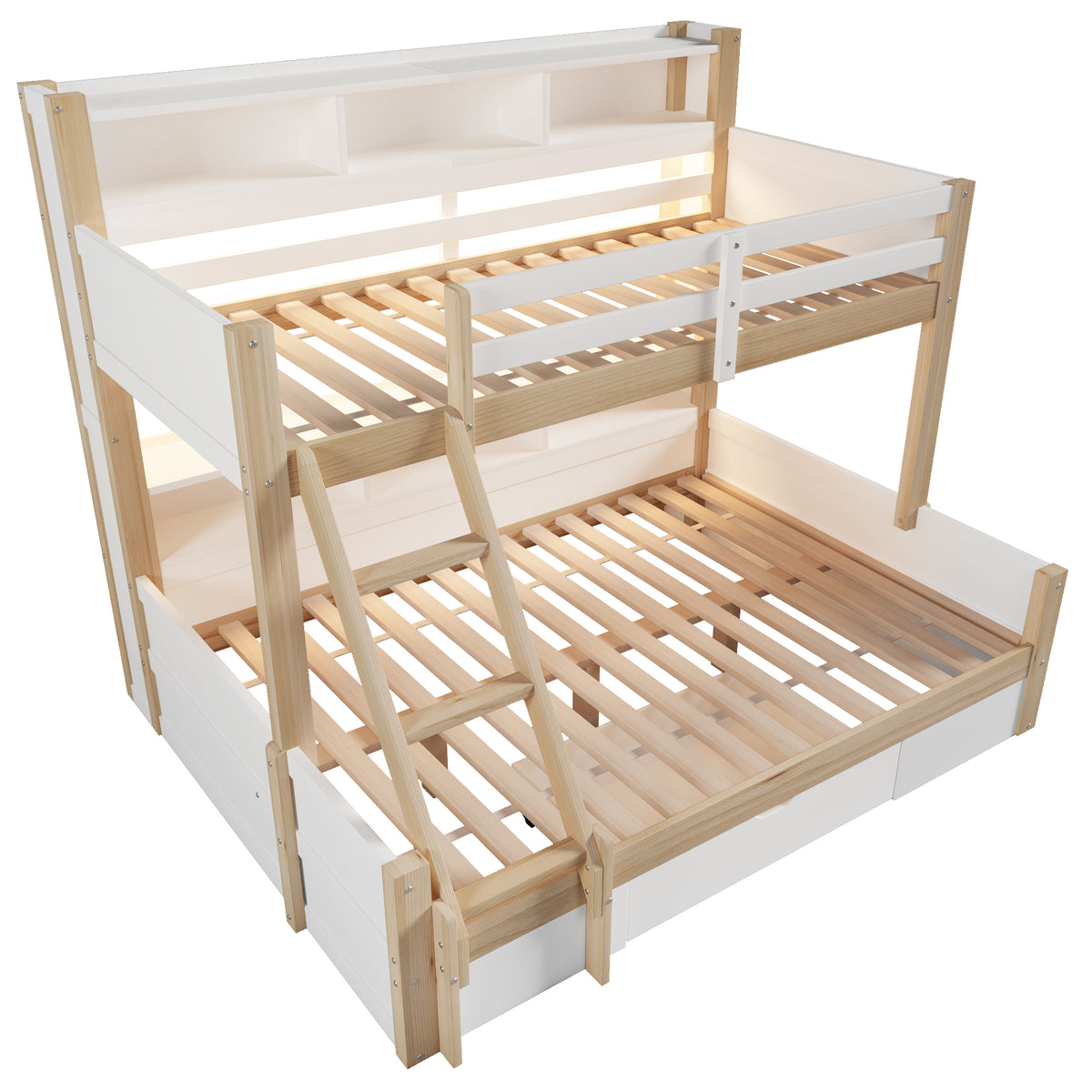 Bunk Bed 90x200 & 140x200 with Storage & LED, White + Natural
