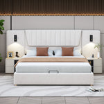 Upholstered Bed, 180*200cm, Extra-Long Backrest, Reading Lamp, USB Port, Hydraulic Storage, Beige Velvet