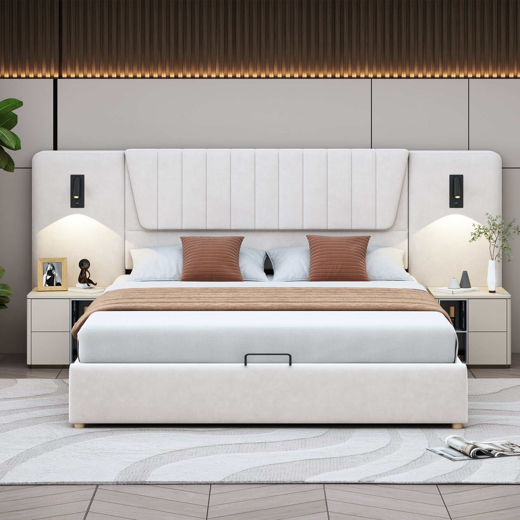 Upholstered Bed, 180*200cm, Extra-Long Backrest, Reading Lamp, USB Port, Hydraulic Storage, Beige Velvet