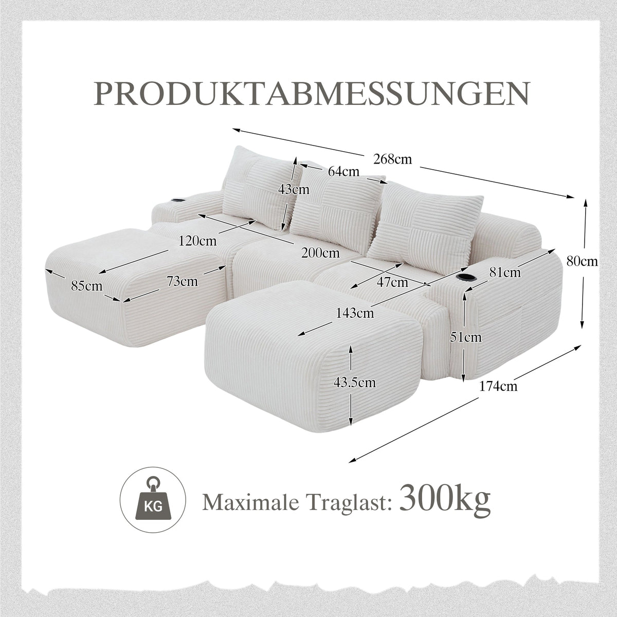 3-Seater Modular Corduroy Sofa with 2 Ottomans, Cup Holders and Storage Pocket, Beige