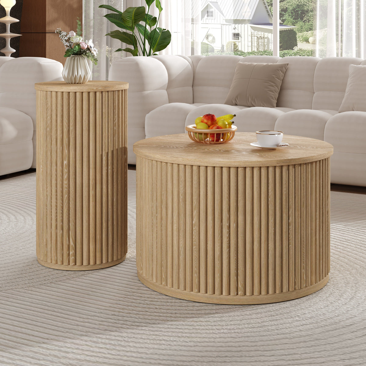 Coffee Table Double Round Slatted - Natural Wood