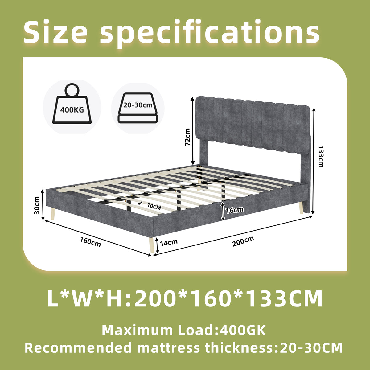 Upholstered Bed 160x200cm with Mattress & Headboard, Grey