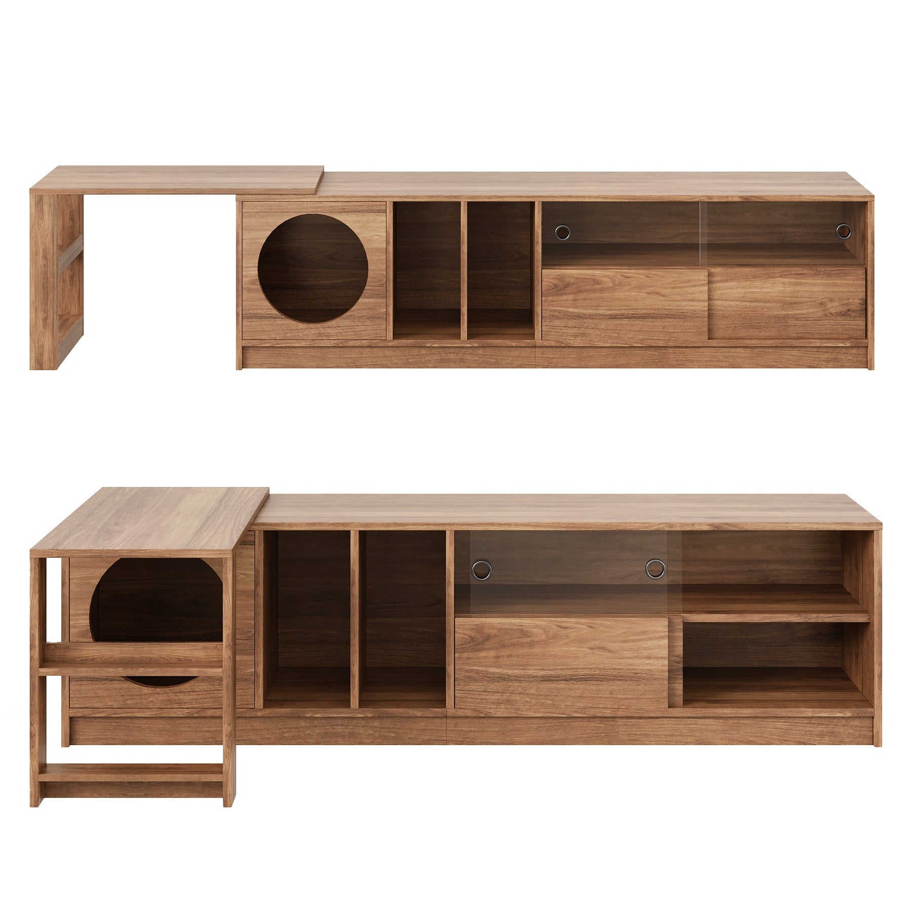 Modern Rotating TV Cabinet Extendable Pet-Friendly Glass Doors 180(+80)x40x50 cm - Walnut