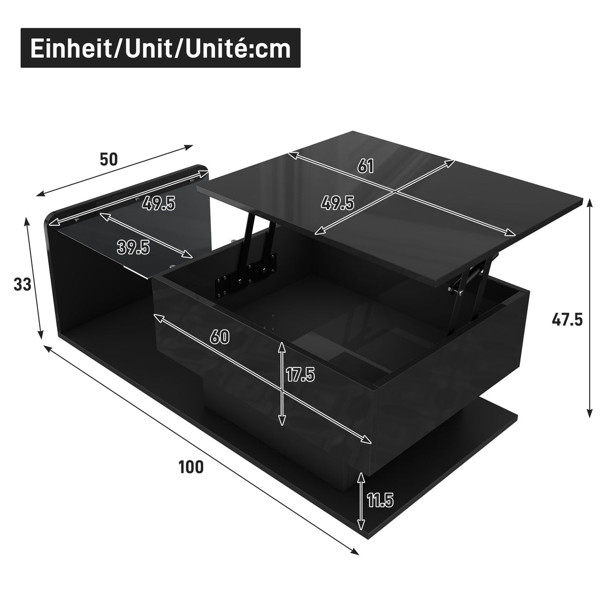 Coffee Table with Glass & LED, High-Gloss Black