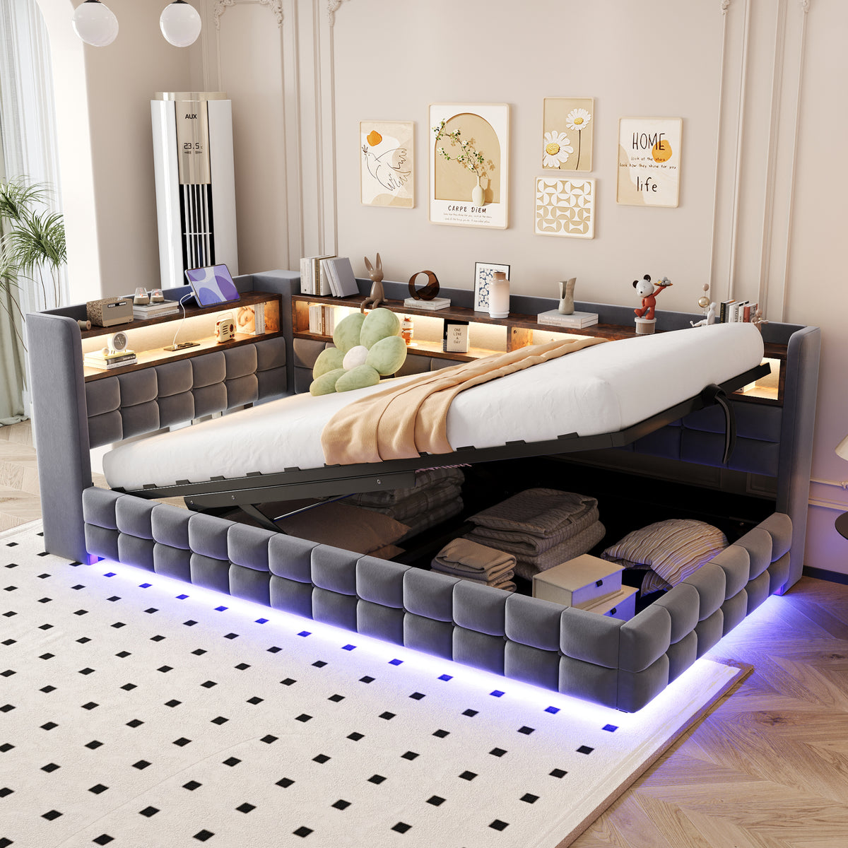 Upholstered Bed Set 180x200cm with Storage & Tables, Beige Velvet