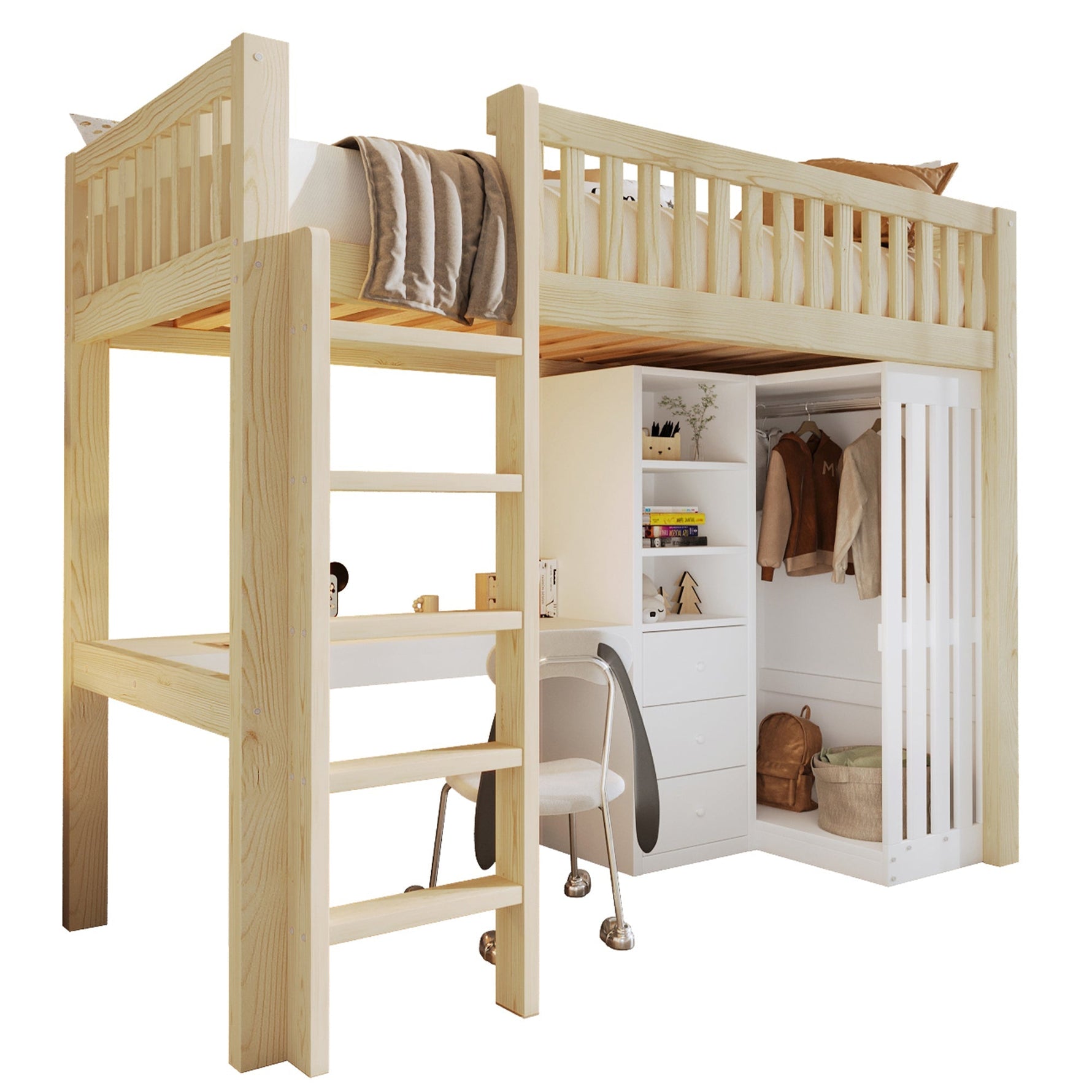 Loft Bed with Desk, Wardrobe and 3 Drawers, Natural