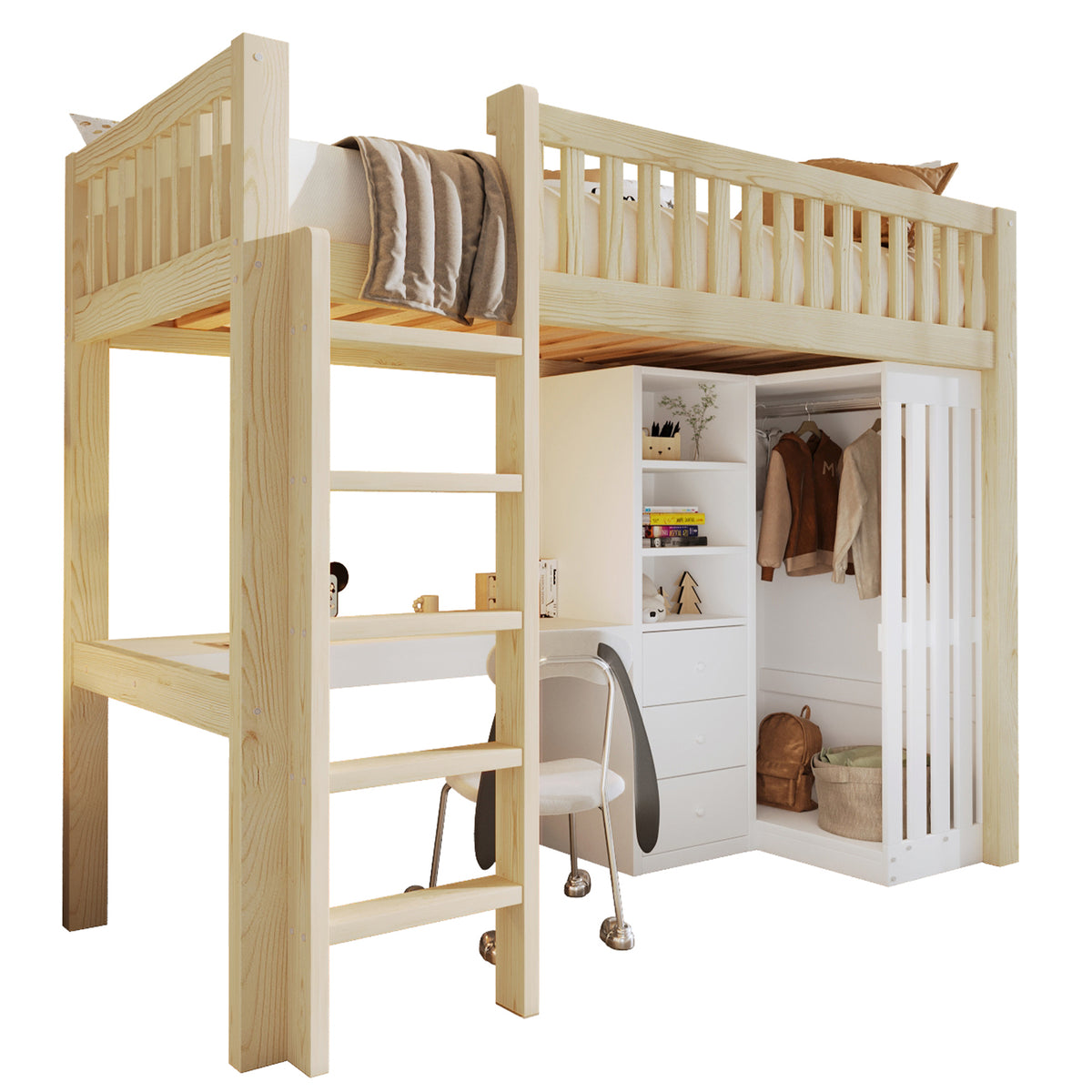 Loft Bed 90x200cm with Desk, Wardrobe & Drawers, Natural