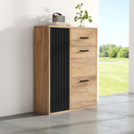 Modern Shoe Cabinet, Adjustable Shelves 1 Drawer 2 Drop-Down Doors, Black and Natural Tones