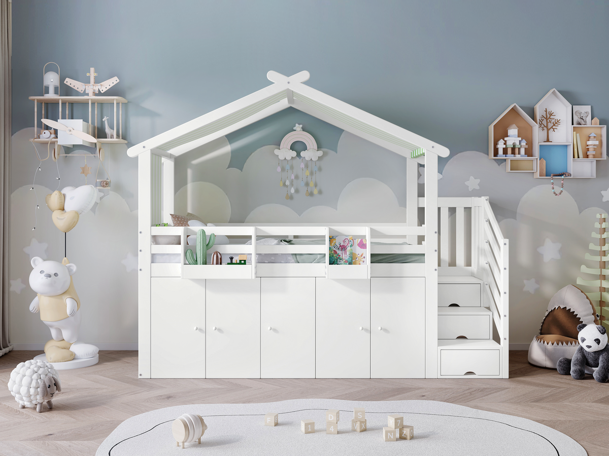 Bunk Bed, Safety Gate, Wardrobe, Lockers, Stairs, 90x200cm, White & Green Pine+MDF+Plywood