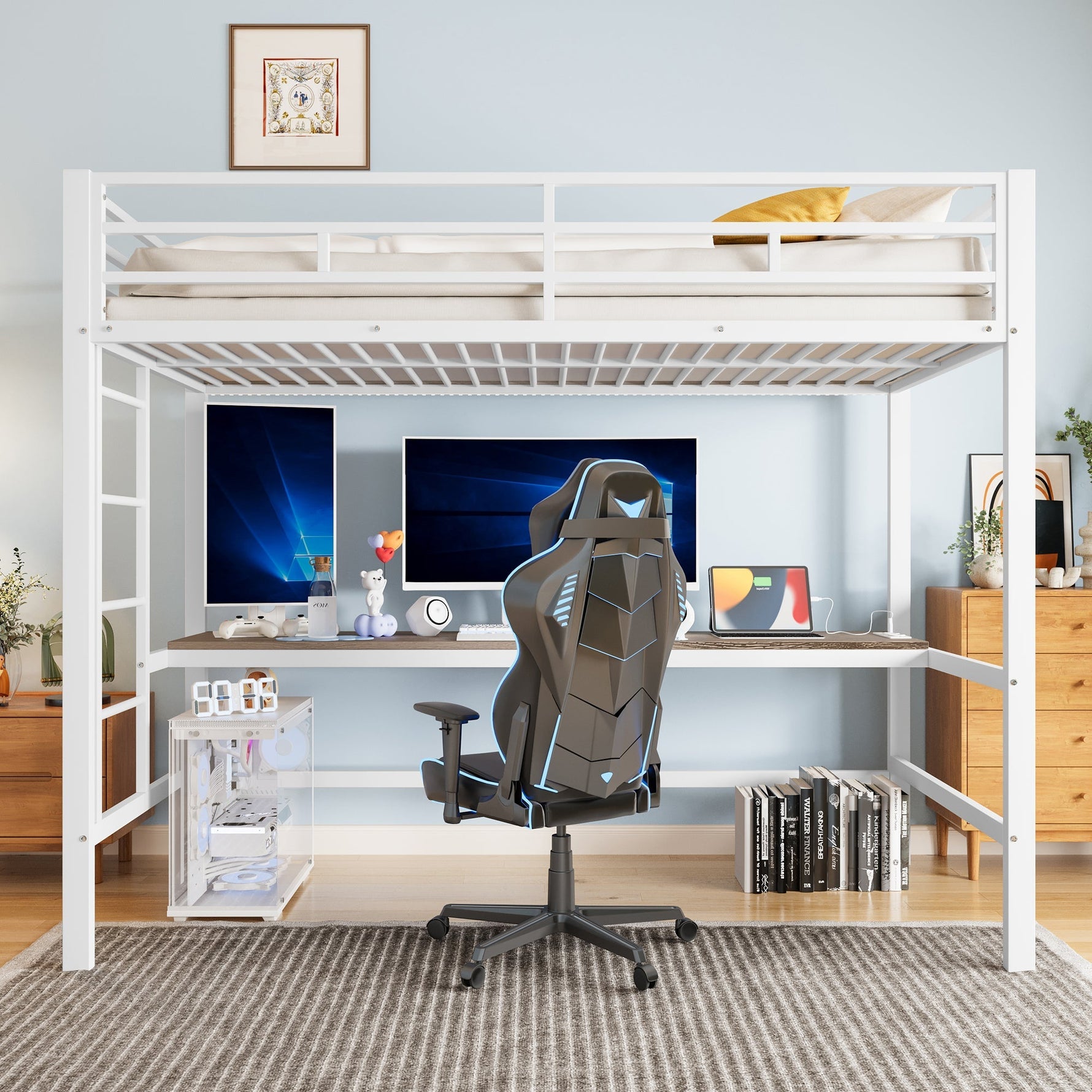 Loft Bed with Desk, USB Ports and LED Light Strip, White Metal